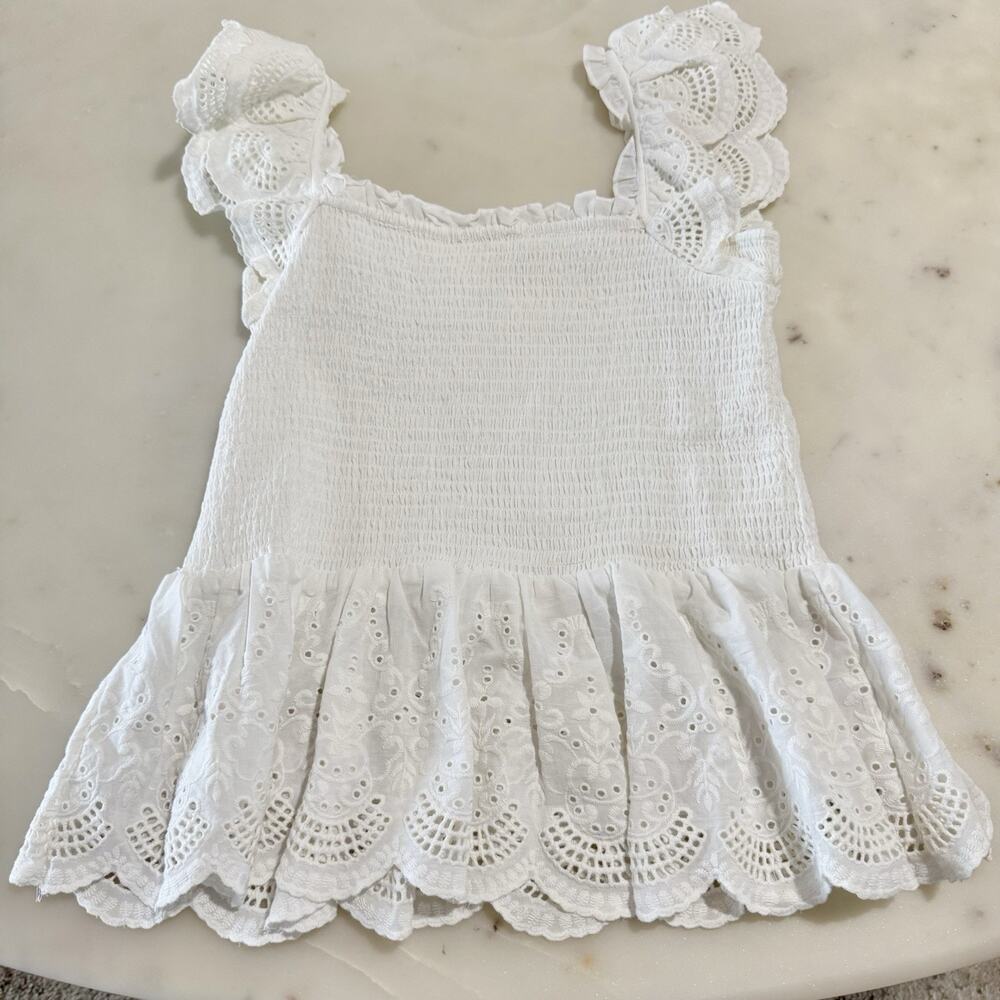 White Eyelet Smocked Ruffle-Strap